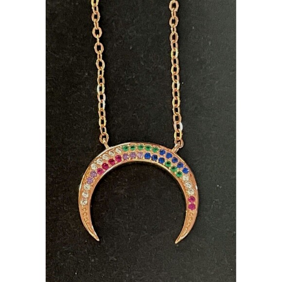Over the Moon  16" Necklace Rainbow Stones Rose Gold Crescent Moon Double Horn - Picture 7 of 8